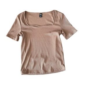 Dazy Brown Sweetheart Neckline Square Neck Short Sleeve Top Ribbed Shirt New